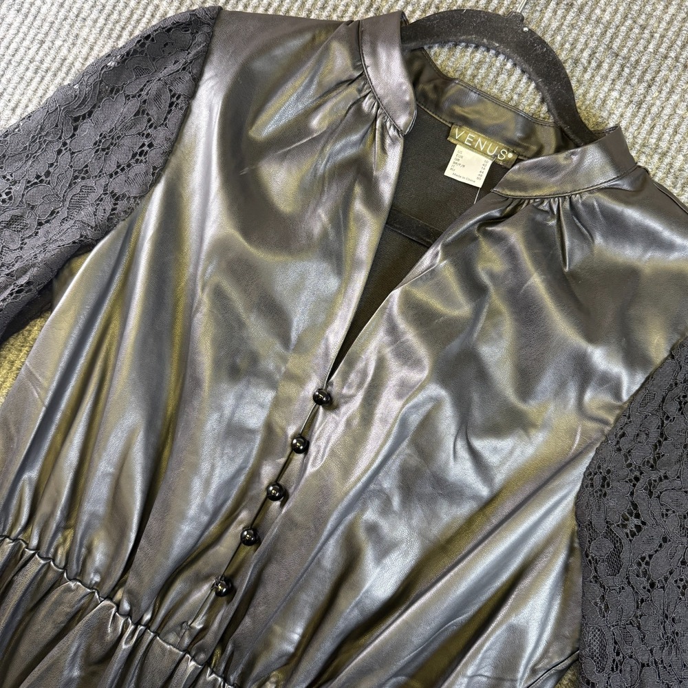 Venus Faux Leather Lace Dress Womens M Black Button Front Long Sleeve NO BELT